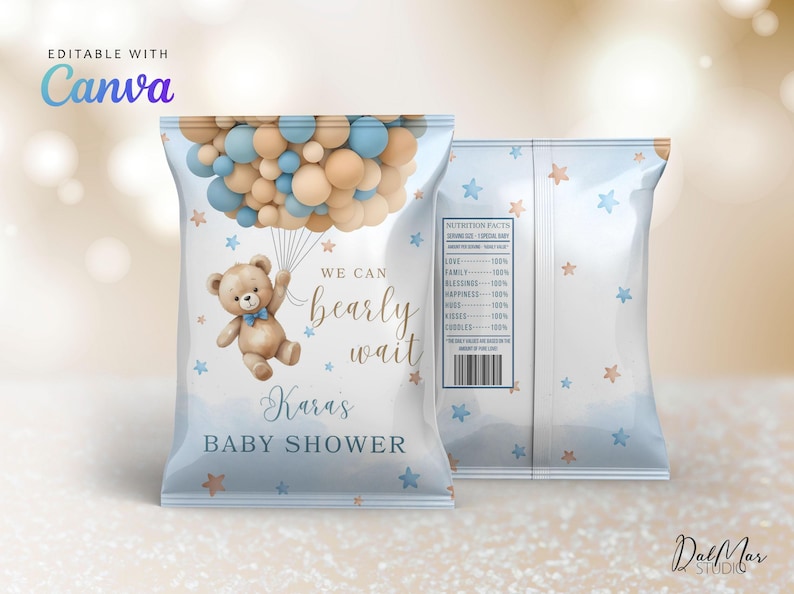 May include: Blue and brown baby shower favor bags with a teddy bear holding balloons. The bags have the text "We can bearly wait" and "Kara's Baby Shower".
