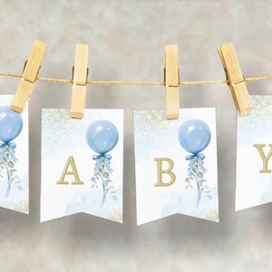 Editable Oh Boy Baby Shower Banner, Digital Blue Balloon Welcome Baby Banner, Eucalyptus Watercolor Boy Baby Shower Flag Banner CD021