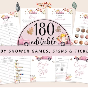 Editable Little Pumpkin Baby Shower Game Bundle, Digital Fall Pink Truck Baby Shower Games Party Set, Girl Boho Games with Answers CD015
