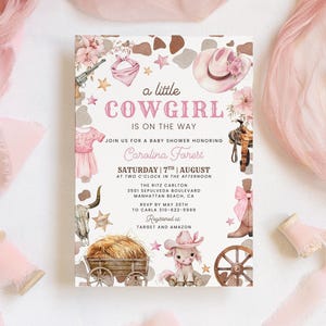 Editable A little Cowgirl Is On The Way Baby Shower Invitation, Digital Wild Western Invite, Girl Rodeo Invitation, Editable in Canva CD038
