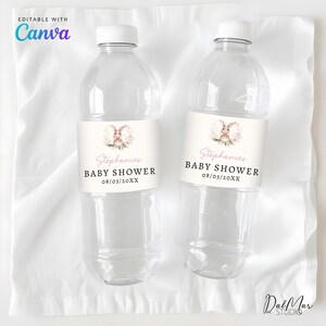 Digital Sweet Little Bunny Label Baby Shower, Pink Coquette Rabbit Water Label, Floral Girl Bow Rabbit Decor Drink Bottle Label Canva CD017