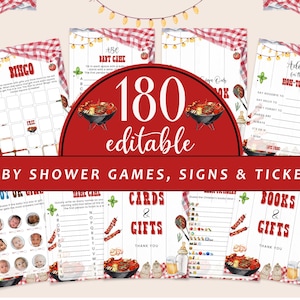 May include: A set of baby shower games, signs, and tickets with a barbecue theme. The design features a red and white checkered pattern, illustrations of a grill, and the text "180 editable". Games include bingo, advice cards, and more.