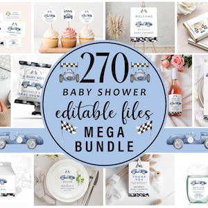 May include: A blue and white baby shower party printable bundle with a race car theme. The bundle includes 270 editable files, such as invitations, thank you cards, cupcake toppers, and more.
