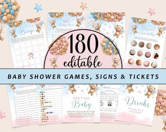Teddy Bear Baby Shower Game Bundle: Editable Blue & Pink Party Set (Digital Download)