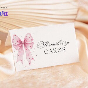 Étiquettes numériques numériques pour aliments avec noeud rose, coeurs modifiables rose coquette célébration nourriture tente tentes, cartes de visite pour la Saint-Valentin chérie CD033