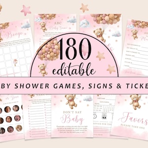 Editable Teddy Bear Baby Shower Game Bundle, Pink Brown Balloons Baby Shower Games Party Set, Girl Bear Games with Answers CD004