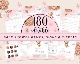 Editable Teddy Bear Baby Shower Game Bundle, Pink Brown Balloons Baby Shower Games Party Set, Girl Bear Games with Answers CD004