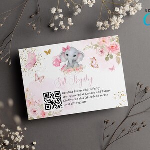Rosa Kokette Elefant-Geschenk-Registrierkarte, bearbeitbare Mädchen-Ballon-QR-Code-Karte, rosa Blumenbogen-Mädchen-Babyparty-Registratur-Geschenkkarte CD019