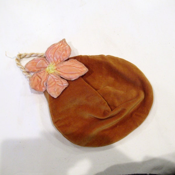 Gold velvet evening bag with pink velvet flower, c. 1950s