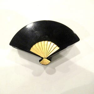 I Magnin black fan-shaped box with gold trim, c. 1980s