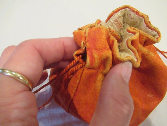 Antique collar bag / tatting bag, orange, leather… - image 2