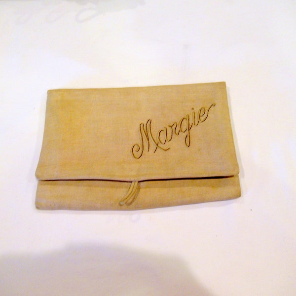 Beige linen envelope purse, handstrap, c. 1920s, monograpmmed