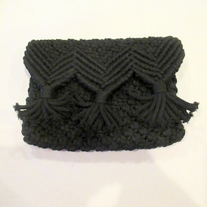 Black macrame clutch purse, evening bag, with tassels, c. 1970s