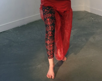 Occult Symbol Leggings – Black Gothic Yoga Pants with Crimson Seals, Witchy Stretch Pants, Occult Activewear, Free US Shipping