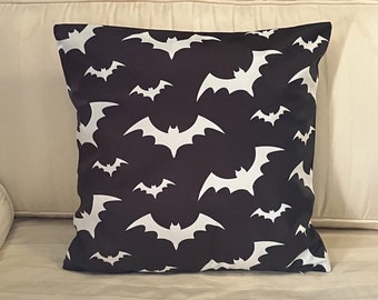 Bat Pattern Pillow Cover – Gothic Black & White Throw Pillow, Spooky Halloween Home Decor, Witchy Vampire Gift, Free US Shipping