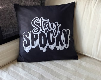 Stay Spooky Pillow Cover – Gothic Black & White Throw Pillow, Halloween Home Decor, Horror Font Cushion, Goth Gift, Free US Shipping