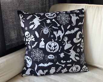 Halloween Pattern Pillow Cover – Spooky Black & White Throw Pillow, Witches Bats Pumpkins Gothic Home Decor, Free US Shipping