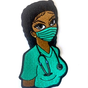 May include: Embroidered patch of a cartoon woman wearing a green medical scrub top, a stethoscope, and a blue face mask. Her hair is black and she has brown skin.
