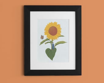 10ft Tall Sunflower and Tiny Farmer 8x10 Art Print