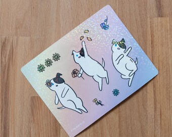 Dancing Dog Sticker Sheet: 7 Cute Flower and Dogs Holographic Stickers