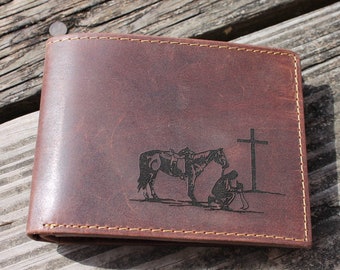 Cowboy Wallet, Praying Cowboy Christian Wallet, Cowboy Church, Distressed Leather Wallet, Three different styles