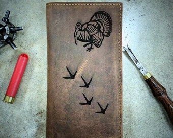 Turkey + Tracks Wallet, Distressed Leather Wallet, your choice of Three Popular Styles, Design Shown