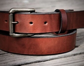 Handmade Leather Belt with Heavy Roller Buckle made by Miller's Leather Shop