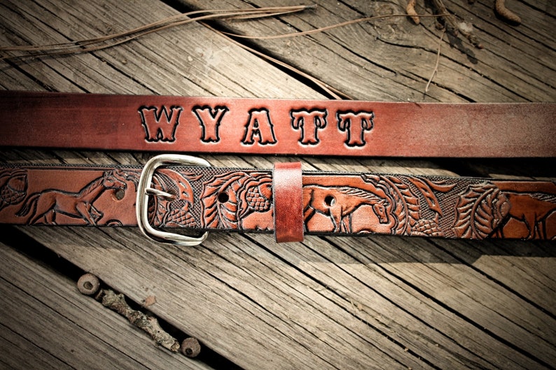 Little Cowboy Belt with Tooled Horses and Child's Name Included image 1