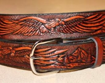 Handcrafted Leather Belt with Eagle in Flight and Mountains(Solid Leather and no stitching), Made in the USA leather belt