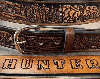 DEER belt, leather deer belt, name belt, deer hunter gift, Made by Miller's Leather Shop