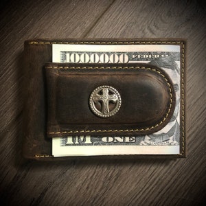 Christian Cross Money Clip Wallet, Elija su concho, grabado a medida