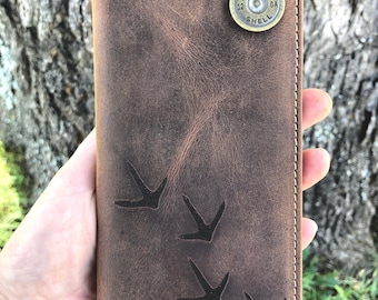 Turkey Hunter Wallet, Turkey Tracks wallet, Shotgun Shell and Tracks, Distressed Leather Wallet, Three different styles