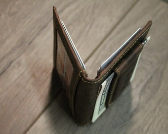 Distressed Brown Leather Money Clip Wallet with ID holder on back,