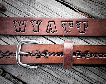 Toddler Belt, NAME BELT, Kid's Belt, Child's Belt, Cowboy Belt, Handtooled BARBWIRE design,  Name engraved Free!