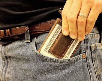 Distressed Brown Leather Money Clip Wallet with ID holder on back,