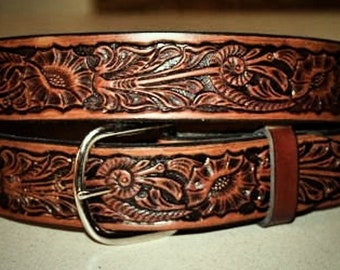 Handcrafted Carved Western Leather Belt ,Made in the USA