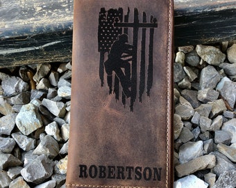 AMERICAN LINEMAN wallet, Distressed Leather Wallet, your choice of Three Popular Styles, Design Shown