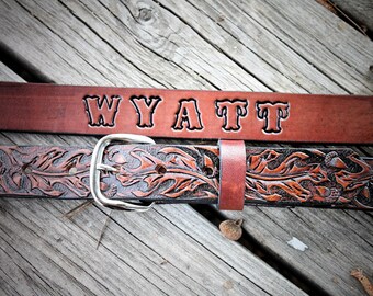 Western Leather Belt, Cowboy Belt, Tooled OAK LEAF leather belt