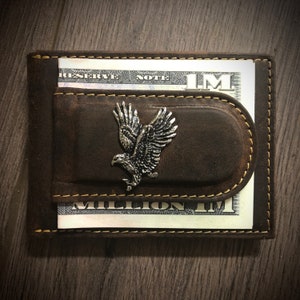 EAGLE cuero dinero clip cartera, elija su concho, grabado a medida