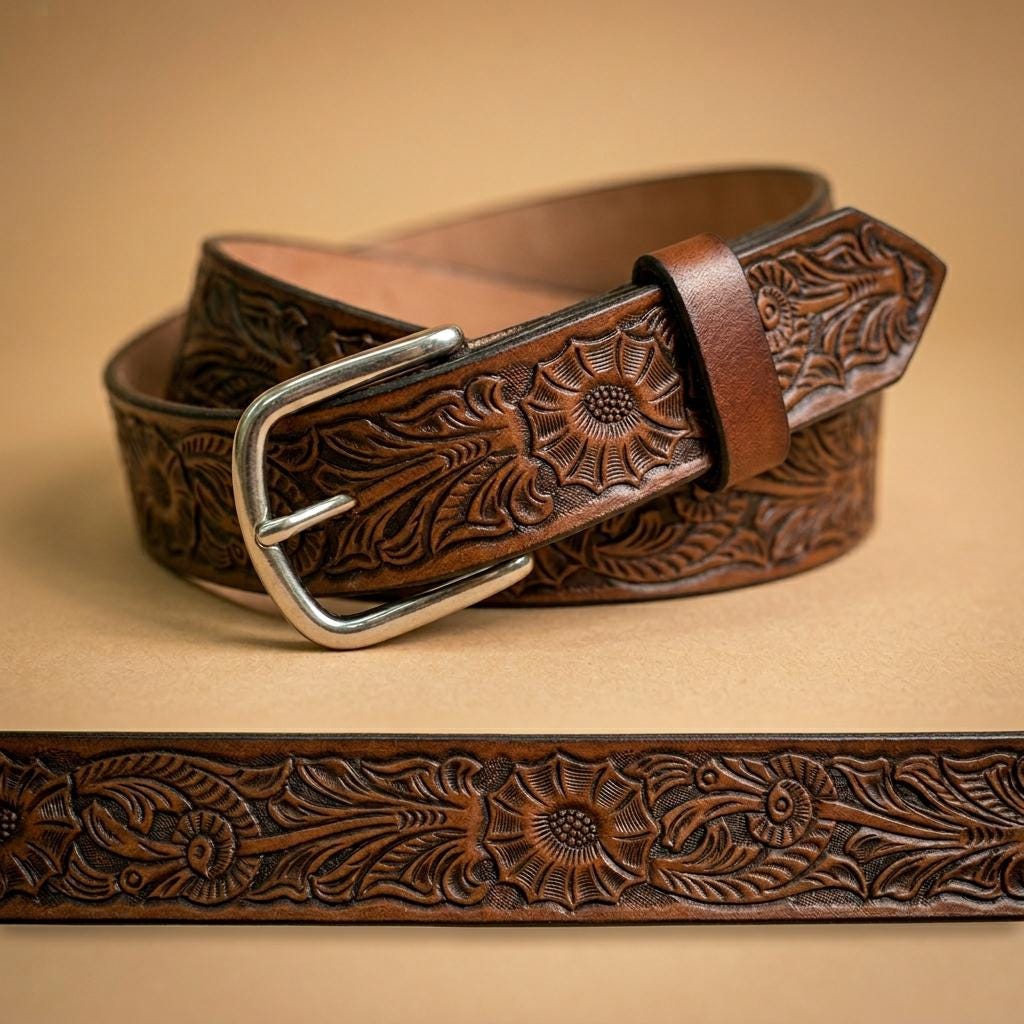 Western Style Tooled Leather Belt, Custom Size, USA Made  display picture 1