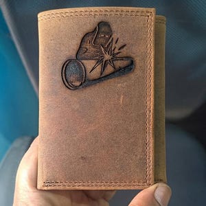 Distressed Brown Leather Wallet: Welder Embossed Logo, RFID Protected, Compact Size