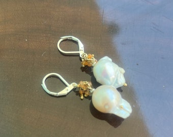 Flameball pearl gold silver gemstone earrings