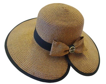Snaffle Bit Toyo Paper Braid Sun Hat Equestrian Straw Hat Black Ribbon Trim - Italian Made Black Enamel Gold Bit Button
