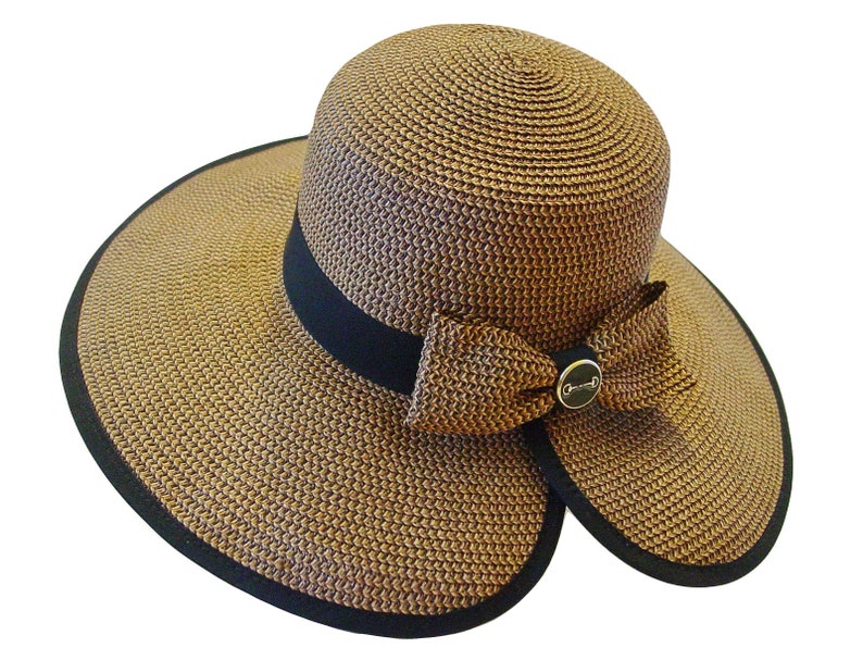 Snaffle Bit Toyo Paper Braid Sun Hat Equestrian Straw Hat Black Ribbon Trim - Italian Made Black Enamel Gold Bit Button 