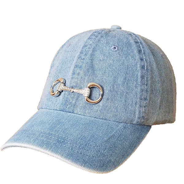 Equestrian Sun Hat - Bling Snaffle Bit Cap -  Stone Washed Denim Baseball  Cap -  Horse Lovers Cap - Bit Caps - Jean Baseball Caps