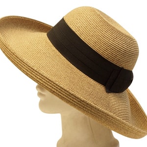 Enamel Snaffle Bit Button Toyo Paper Braid Straw Turned Brim Large Hat with Black Bow ,Equestrian Horse Lover Straw Hat Khaki/Black