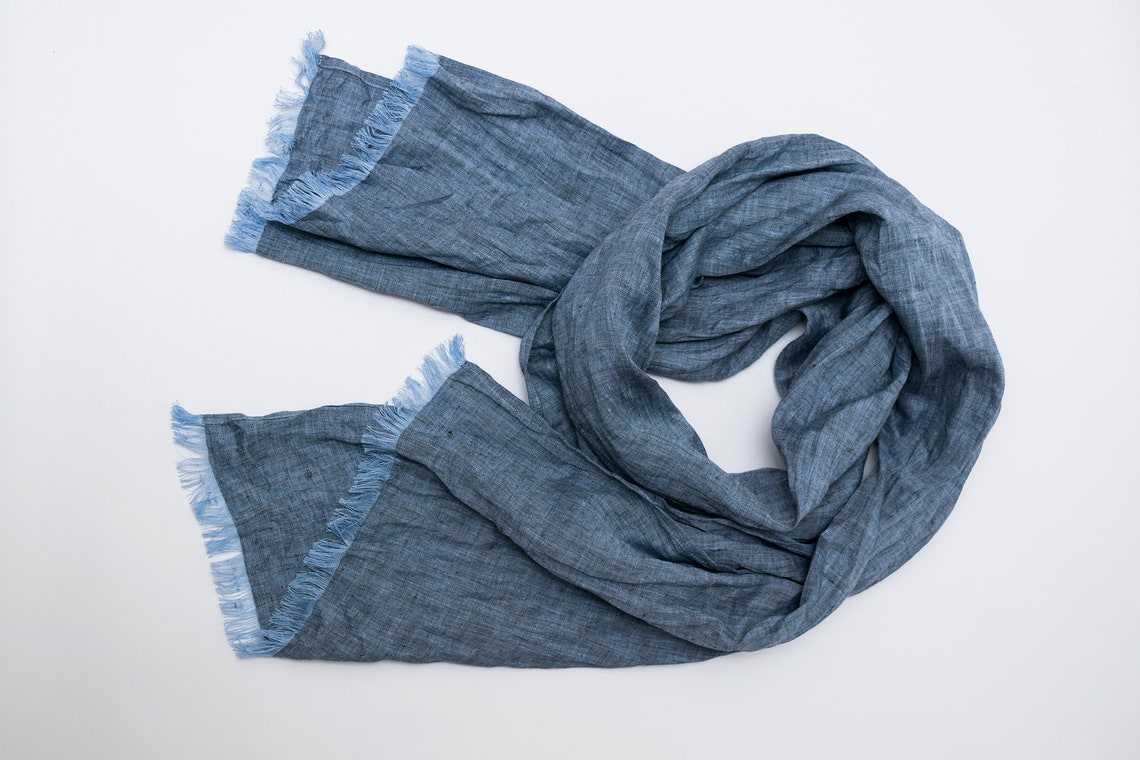 Blue long linen scarf denim style . Scarf with a fringe . | Etsy