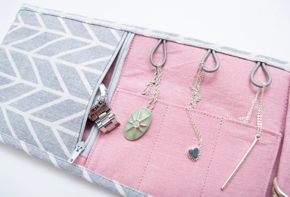 Travel Jewelry Holder Gray Pink Organizer Jewelry Roll MINI Holder