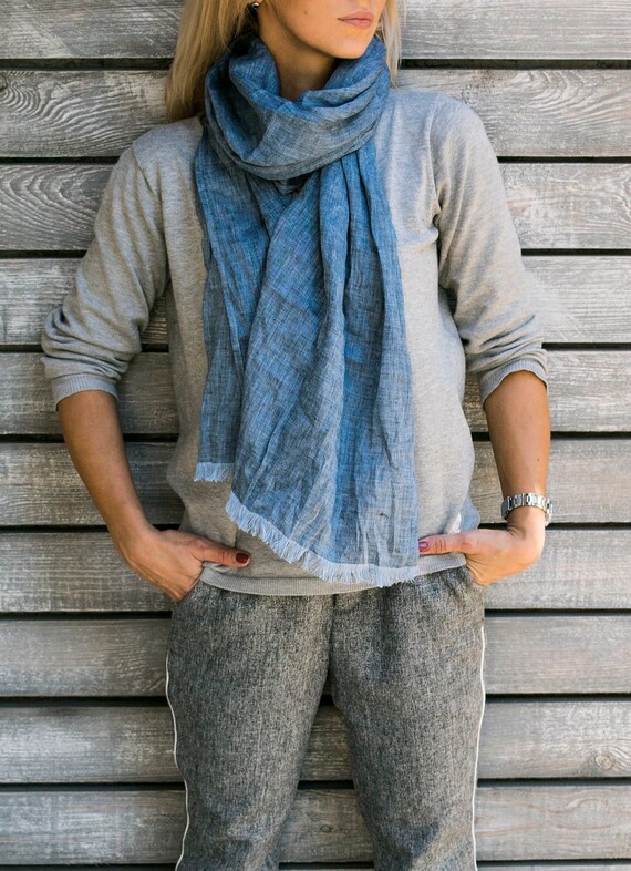 Blue long linen scarf denim style . Scarf with a fringe . Etsy