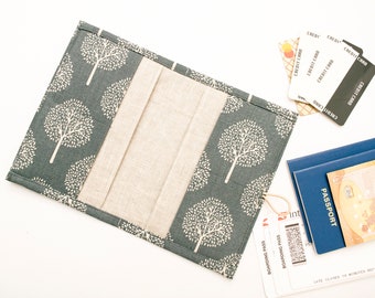 Travel Passport Holder Organizer for Documents storage, Tickets, Money, Cards Nature Style Linen Case